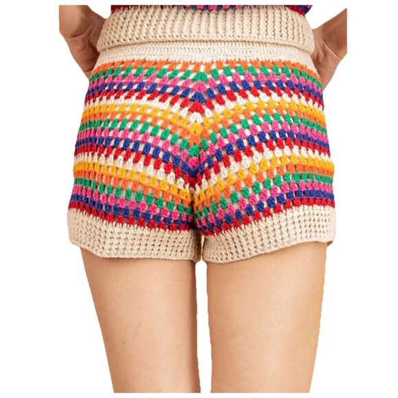 Le Lis Rainbow Crochet Knit Shorts Size Large Lined Boho Festival Retro Style - Picture 1 of 11
